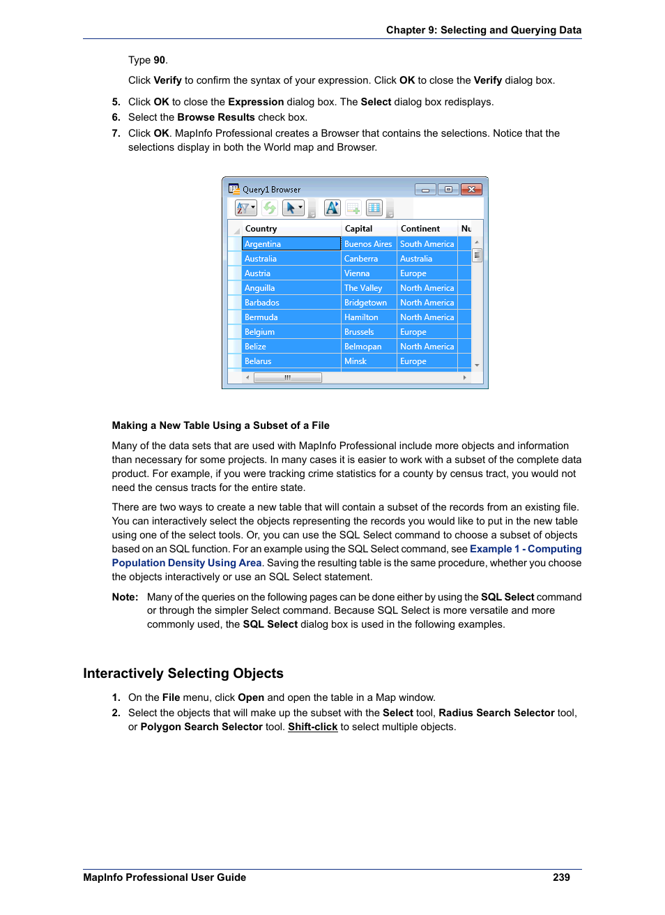 Interactively selecting objects | Pitney Bowes MapInfo Professional User Manual | Page 239 / 540