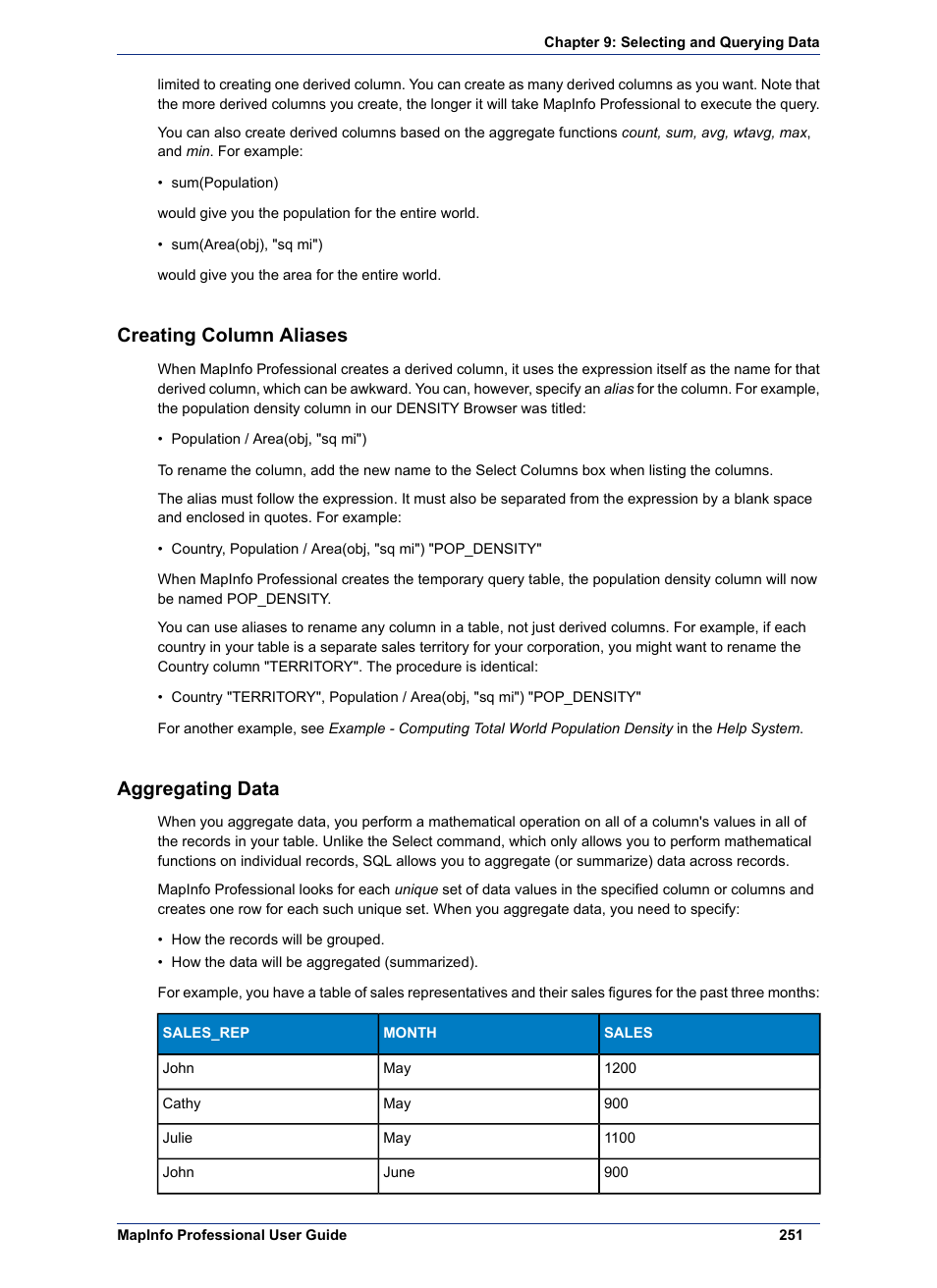 Creating column aliases, Aggregating data | Pitney Bowes MapInfo Professional User Manual | Page 251 / 540