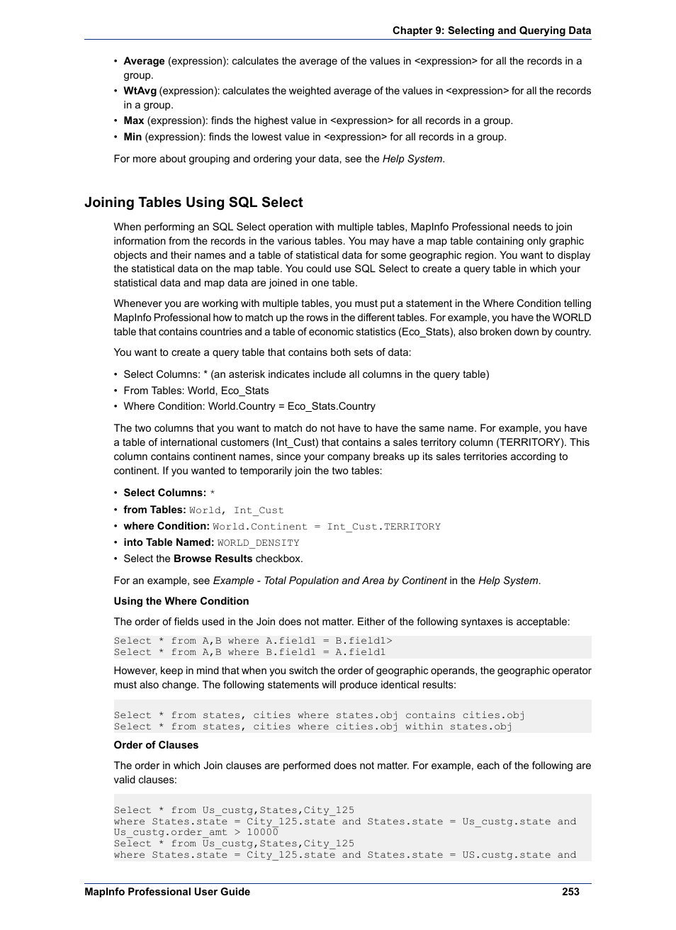 Joining tables using sql select | Pitney Bowes MapInfo Professional User Manual | Page 253 / 540