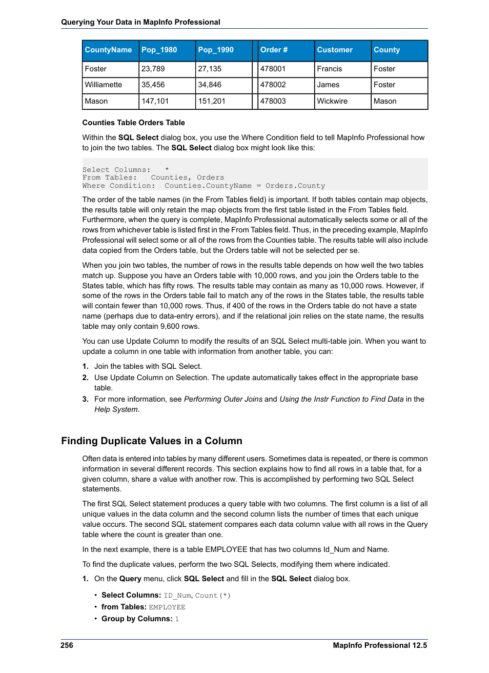 Finding duplicate values in a column | Pitney Bowes MapInfo Professional User Manual | Page 256 / 540