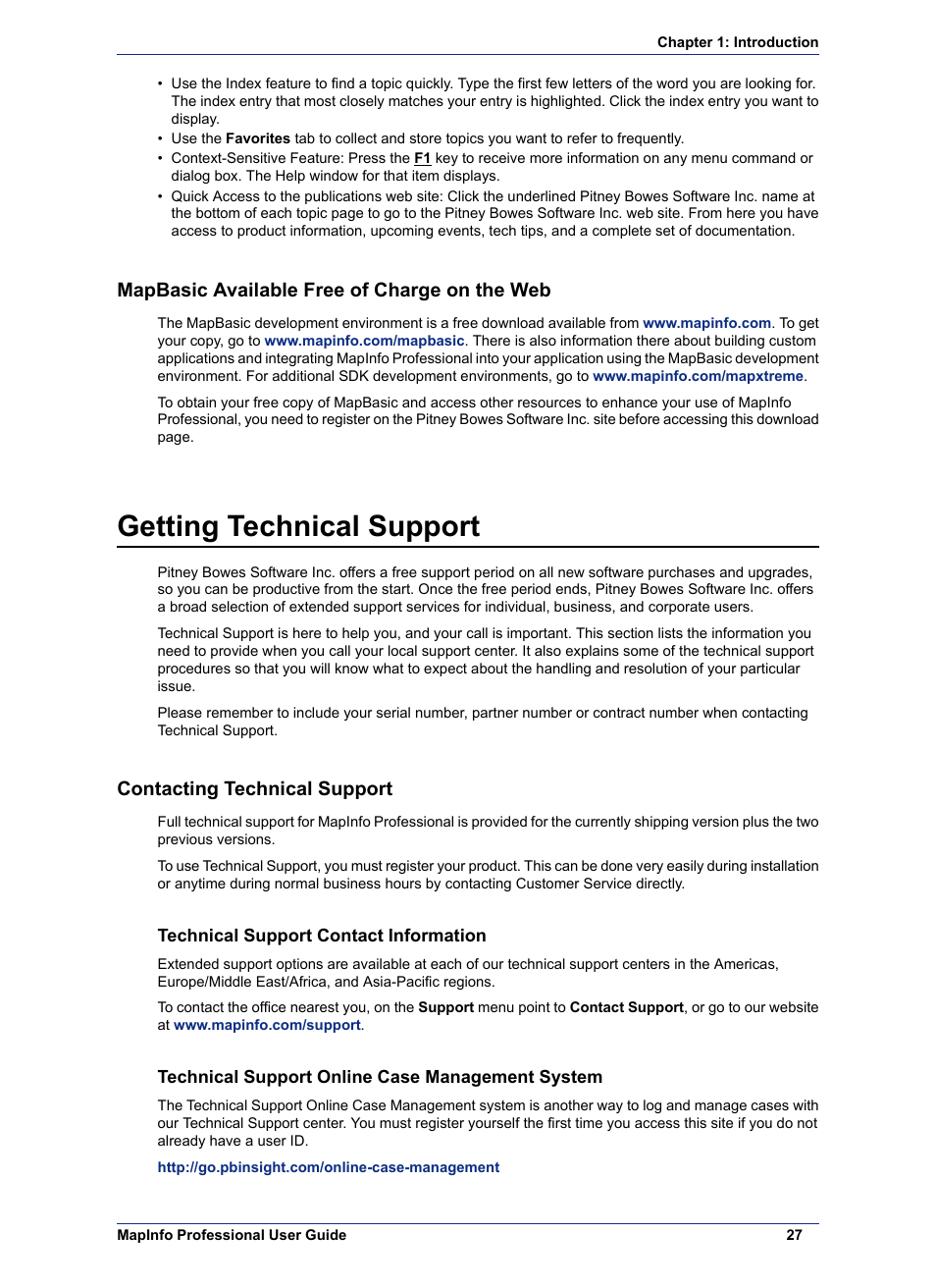 Mapbasic available free of charge on the web, Getting technical support, Contacting technical support | Technical support contact information, Technical support online case management system | Pitney Bowes MapInfo Professional User Manual | Page 27 / 540