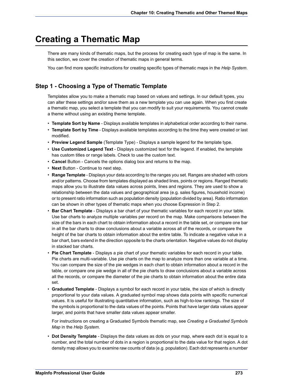 Creating a thematic map, Step 1 - choosing a type of thematic template | Pitney Bowes MapInfo Professional User Manual | Page 273 / 540