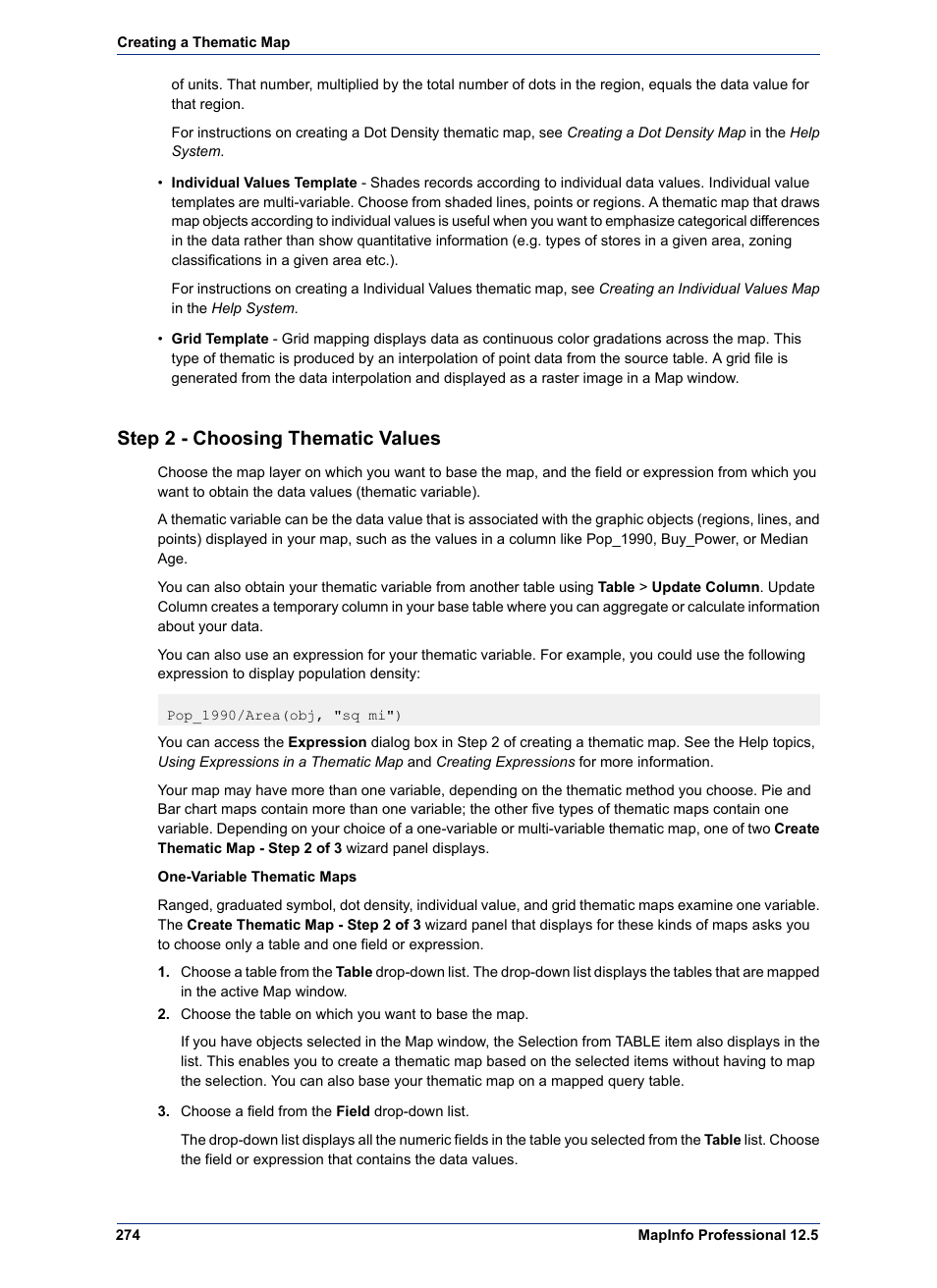 Step 2 - choosing thematic values | Pitney Bowes MapInfo Professional User Manual | Page 274 / 540