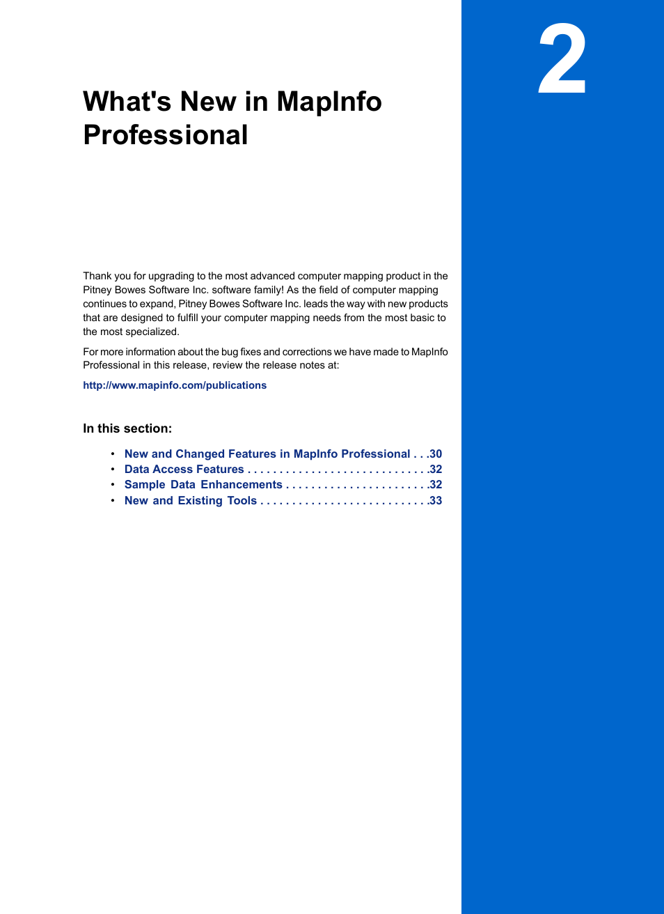 What's new in mapinfo professional, Chapter 2: what's new in mapinfo professional | Pitney Bowes MapInfo Professional User Manual | Page 29 / 540