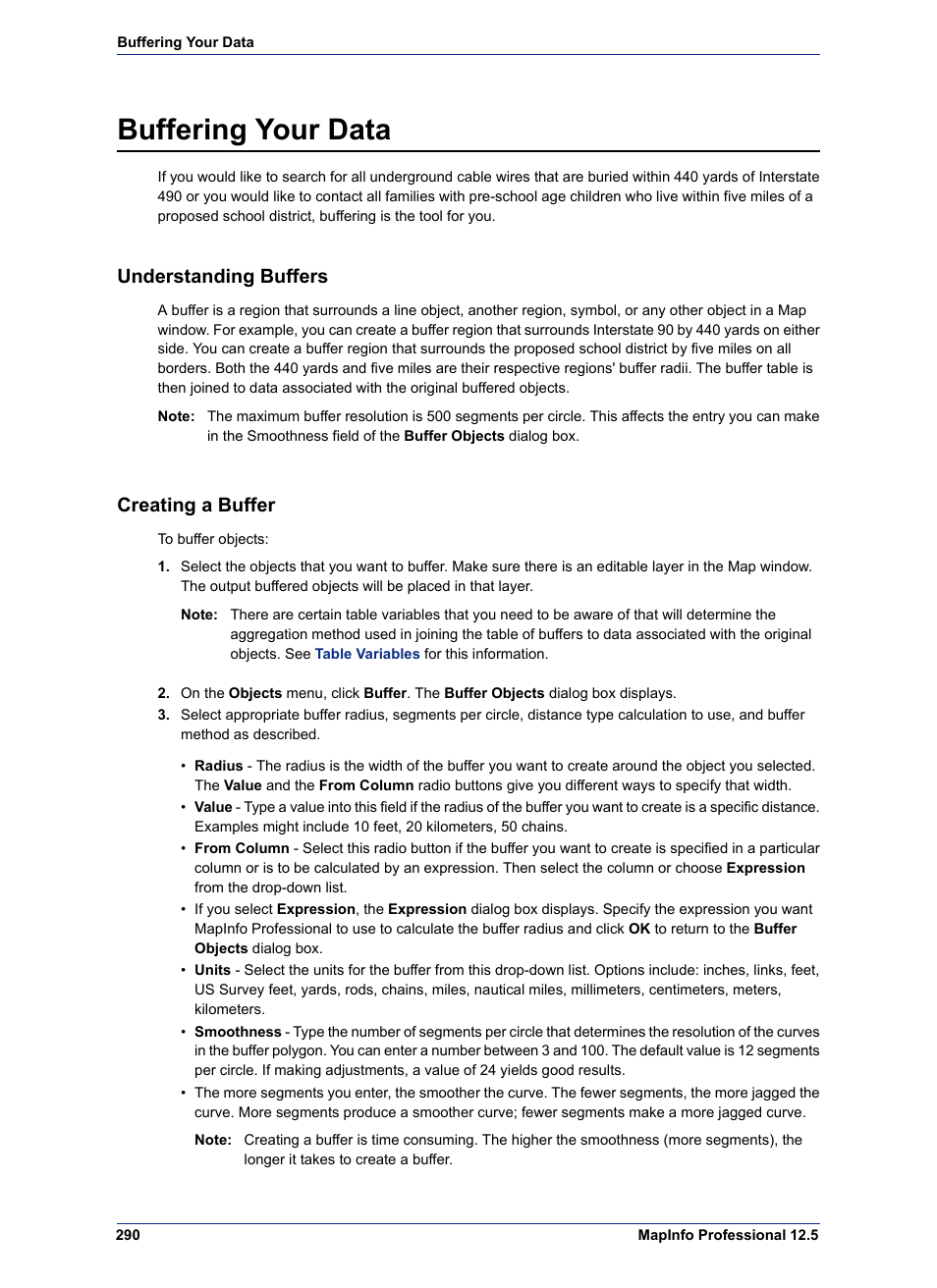 Buffering your data, Understanding buffers, Creating a buffer | Pitney Bowes MapInfo Professional User Manual | Page 290 / 540