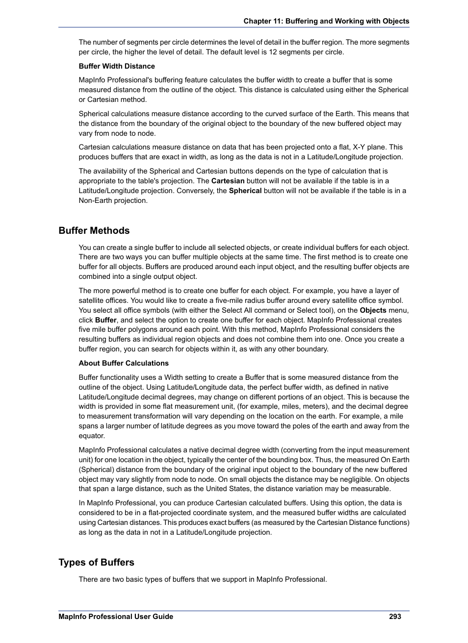 Buffer methods, Types of buffers | Pitney Bowes MapInfo Professional User Manual | Page 293 / 540