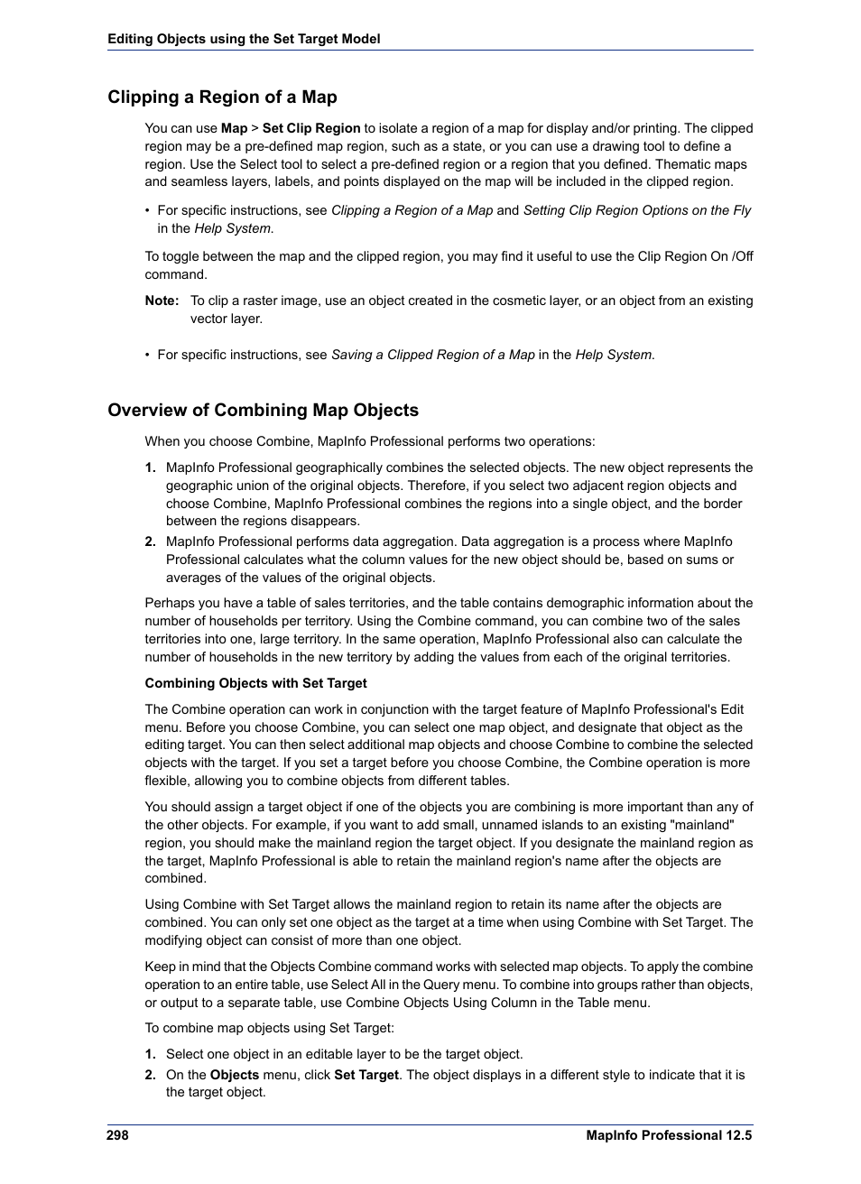 Clipping a region of a map, Overview of combining map objects | Pitney Bowes MapInfo Professional User Manual | Page 298 / 540