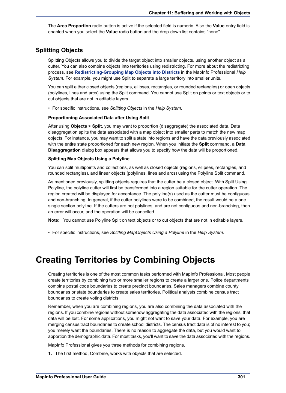 Splitting objects, Creating territories by combining objects | Pitney Bowes MapInfo Professional User Manual | Page 301 / 540