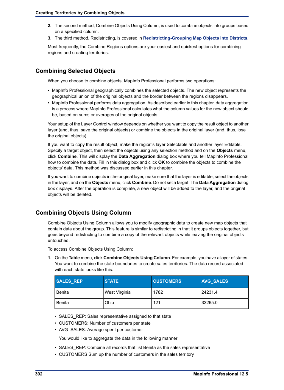 Combining selected objects, Combining objects using column | Pitney Bowes MapInfo Professional User Manual | Page 302 / 540