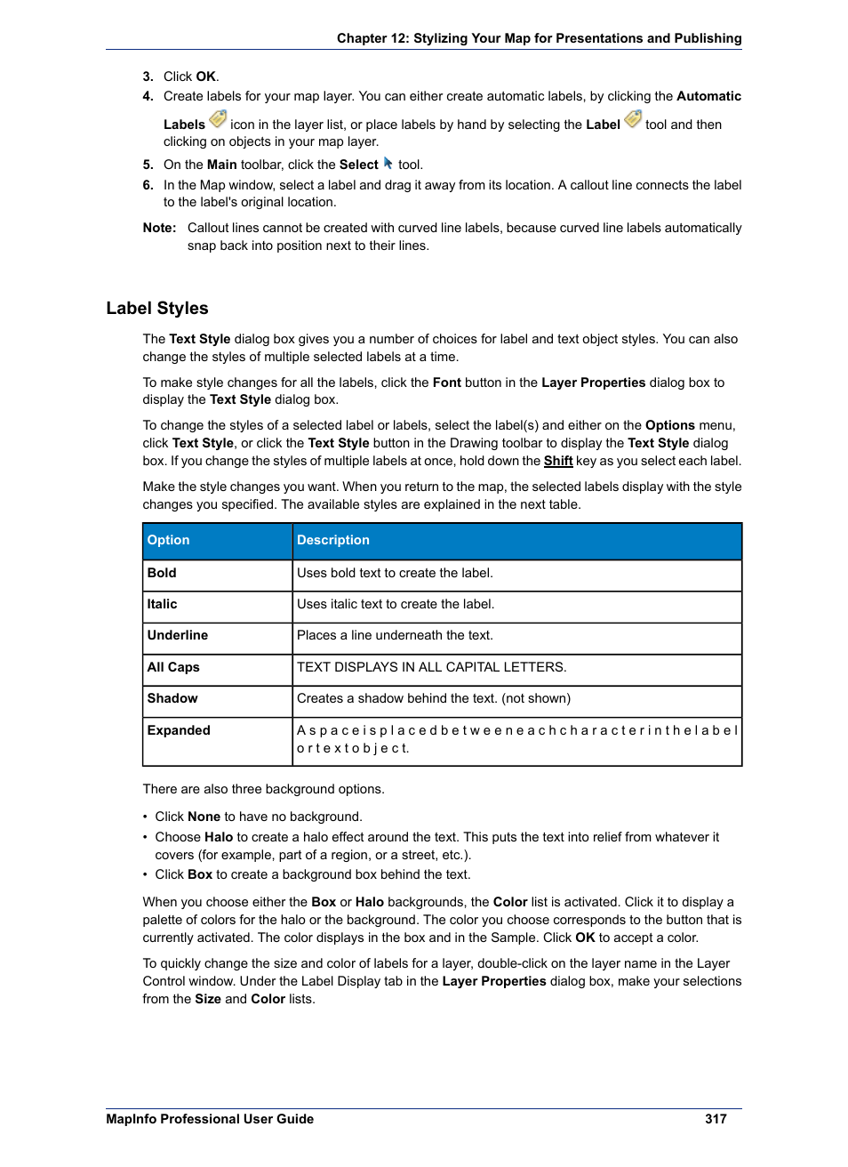 Label styles | Pitney Bowes MapInfo Professional User Manual | Page 317 / 540