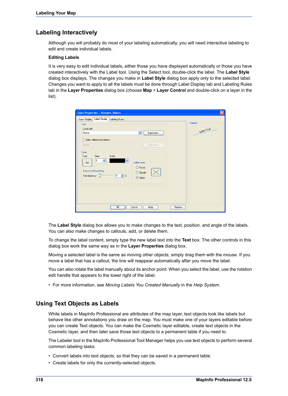 Labeling interactively, Using text objects as labels | Pitney Bowes MapInfo Professional User Manual | Page 318 / 540