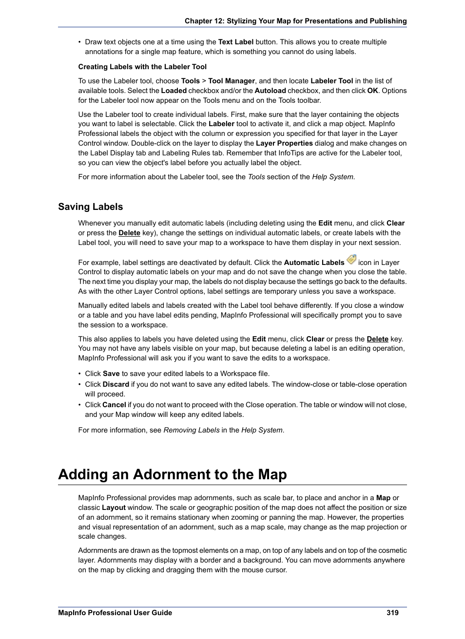 Saving labels, Adding an adornment to the map | Pitney Bowes MapInfo Professional User Manual | Page 319 / 540