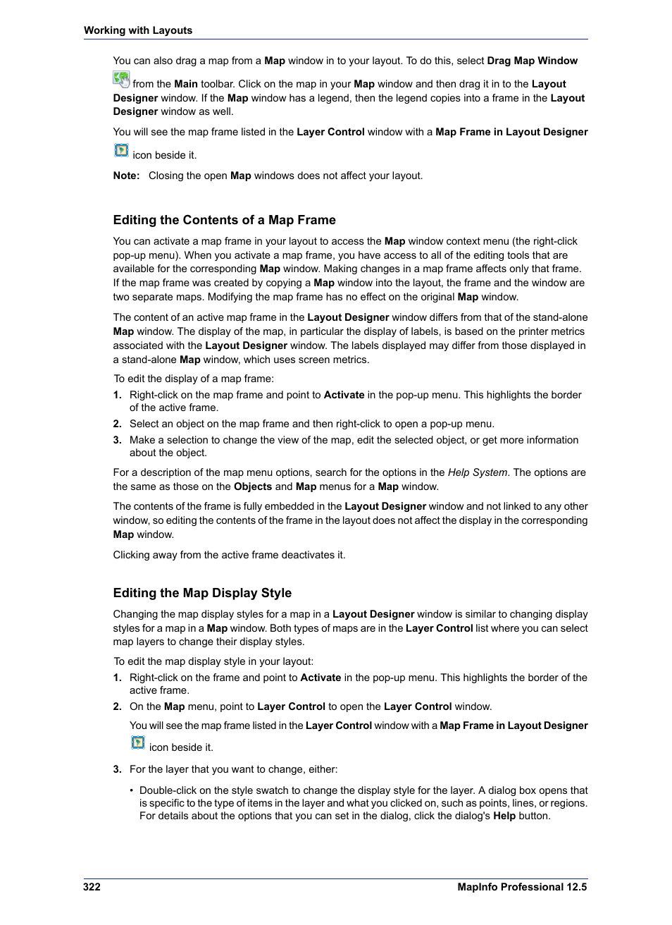 Editing the contents of a map frame, Editing the map display style | Pitney Bowes MapInfo Professional User Manual | Page 322 / 540
