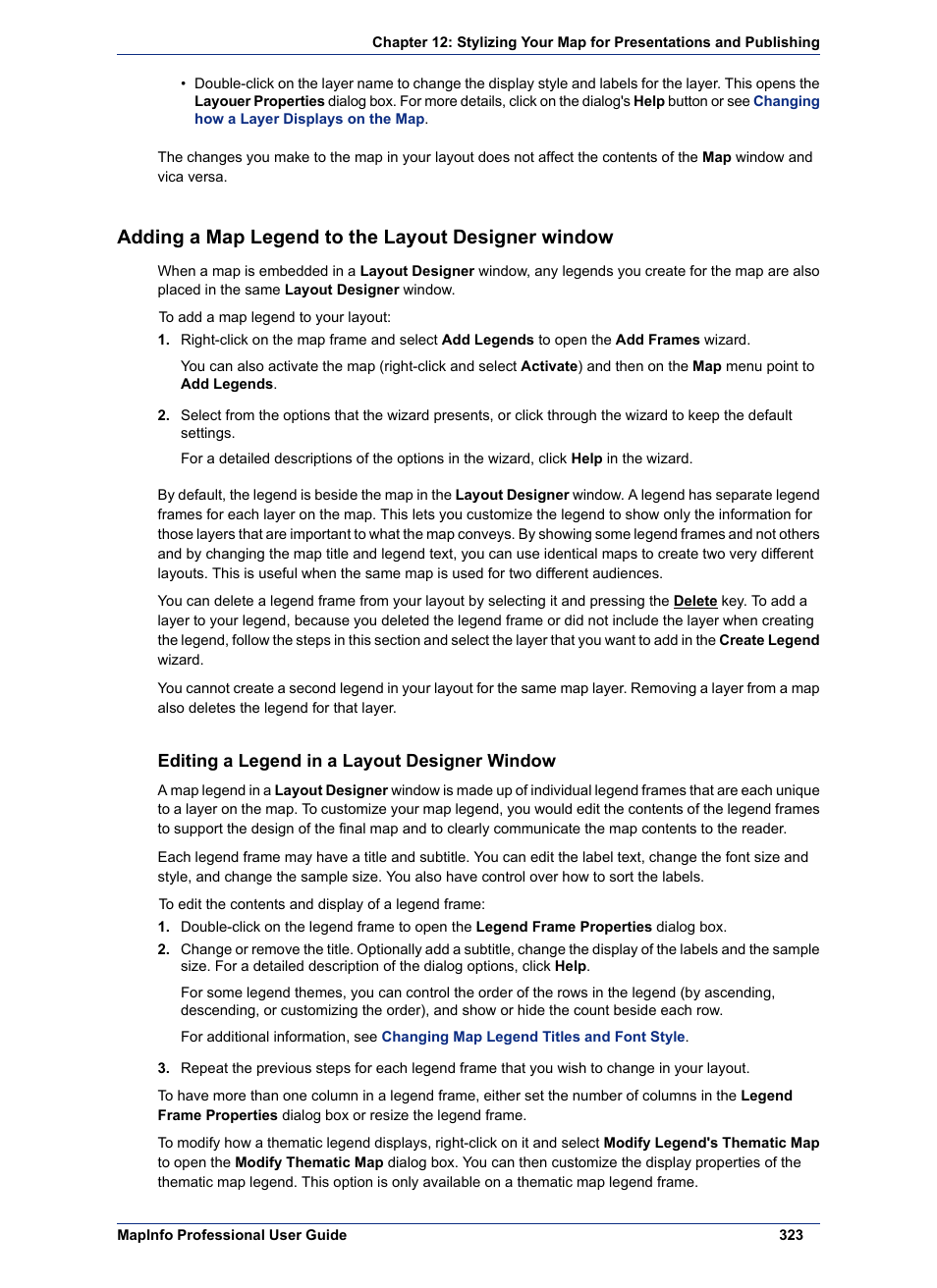 Adding a map legend to the layout designer window, Editing a legend in a layout designer window | Pitney Bowes MapInfo Professional User Manual | Page 323 / 540