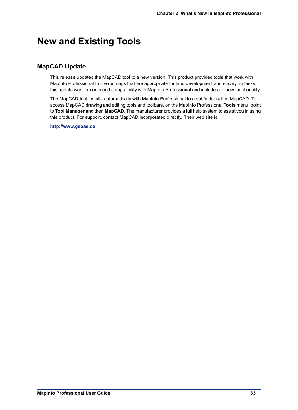 New and existing tools, Mapcad update | Pitney Bowes MapInfo Professional User Manual | Page 33 / 540