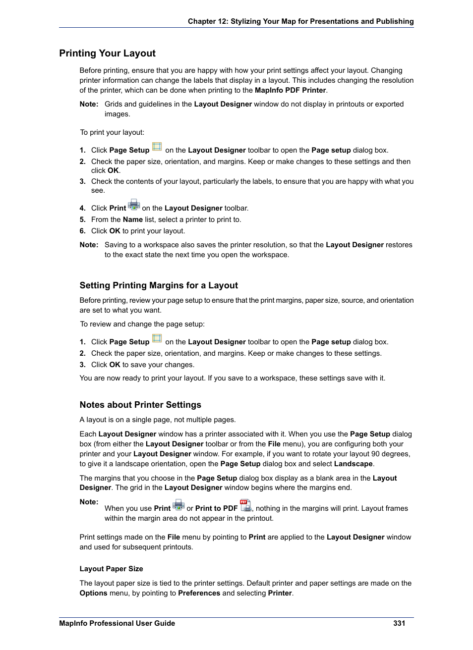 Printing your layout, Setting printing margins for a layout, Notes about printer settings | Pitney Bowes MapInfo Professional User Manual | Page 331 / 540