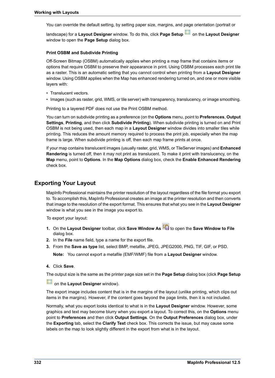 Exporting your layout | Pitney Bowes MapInfo Professional User Manual | Page 332 / 540