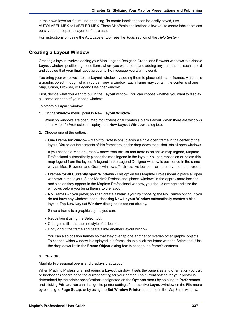 Creating a layout window | Pitney Bowes MapInfo Professional User Manual | Page 337 / 540