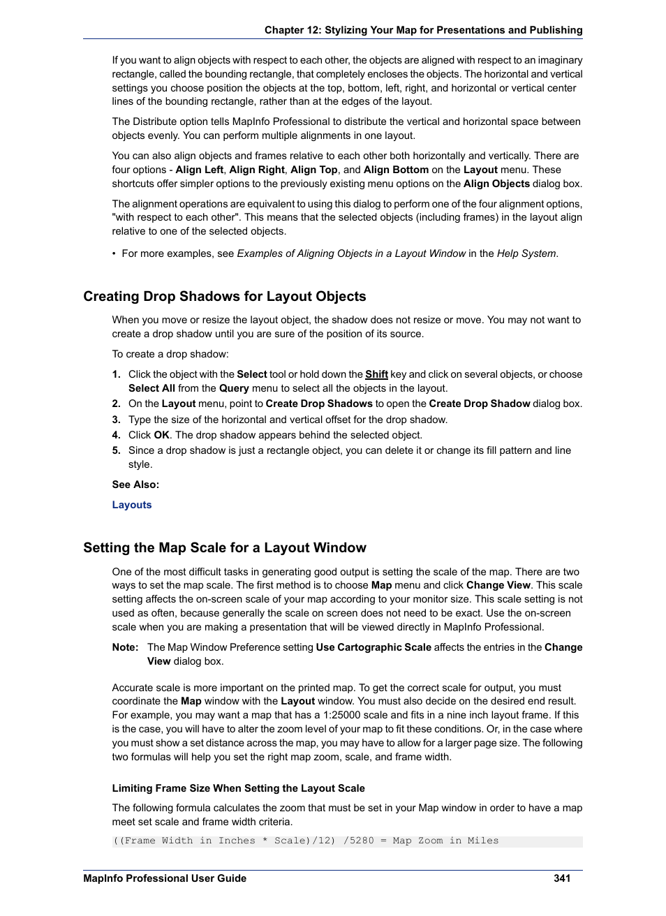 Creating drop shadows for layout objects, Setting the map scale for a layout window | Pitney Bowes MapInfo Professional User Manual | Page 341 / 540