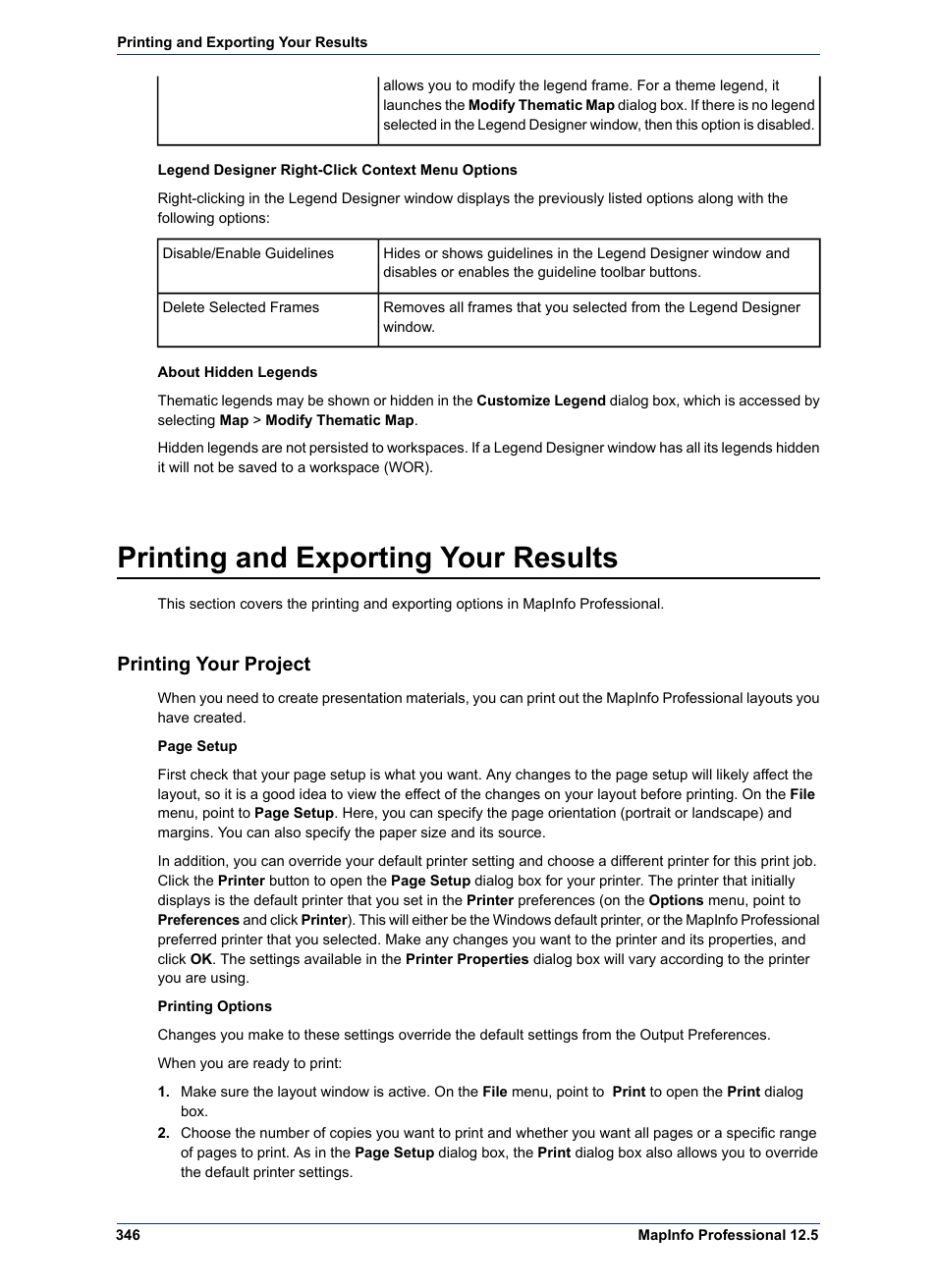 Printing and exporting your results, Printing your project | Pitney Bowes MapInfo Professional User Manual | Page 346 / 540