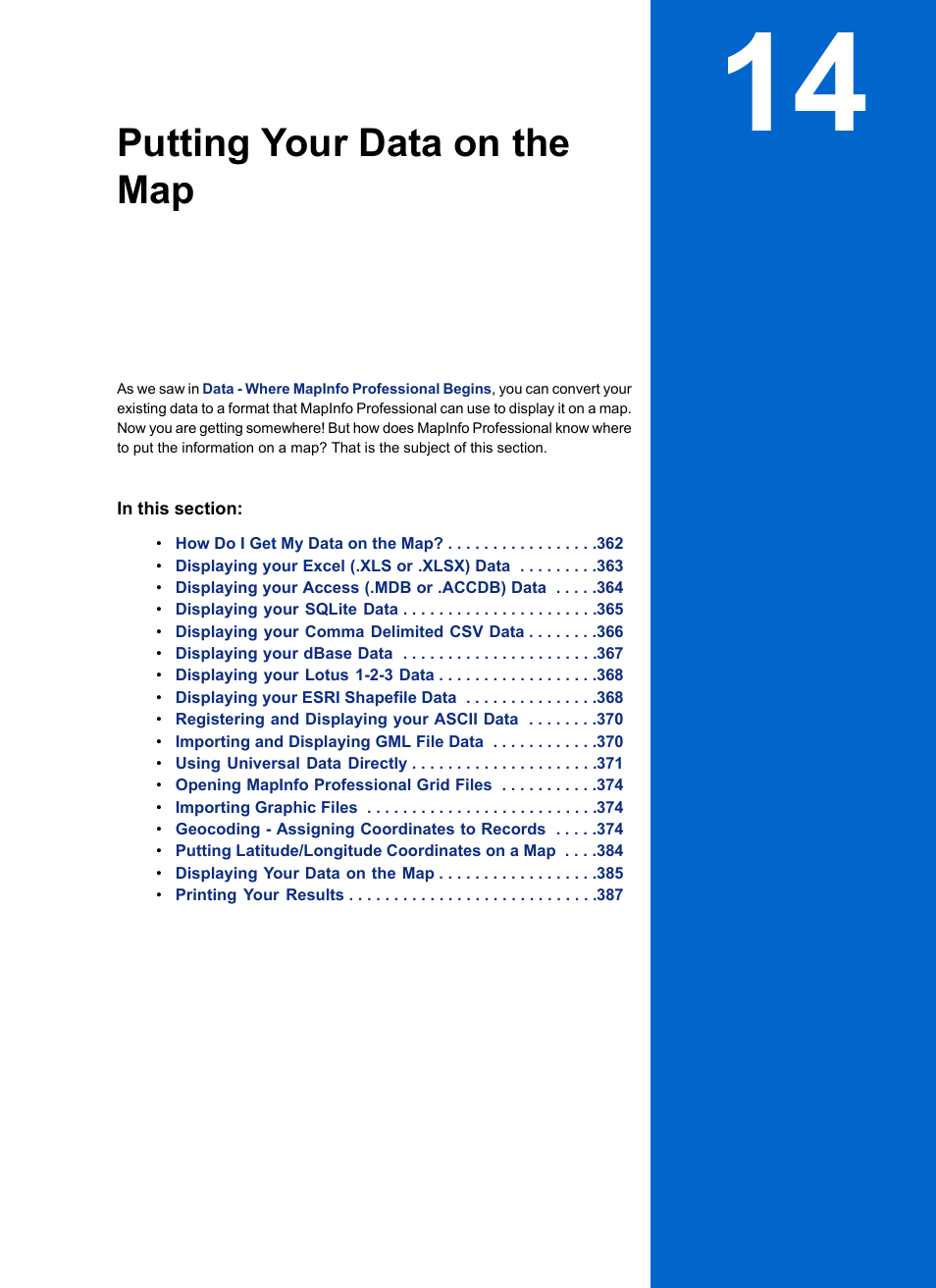 Putting your data on the map, Chapter 14: putting your data on the map | Pitney Bowes MapInfo Professional User Manual | Page 361 / 540