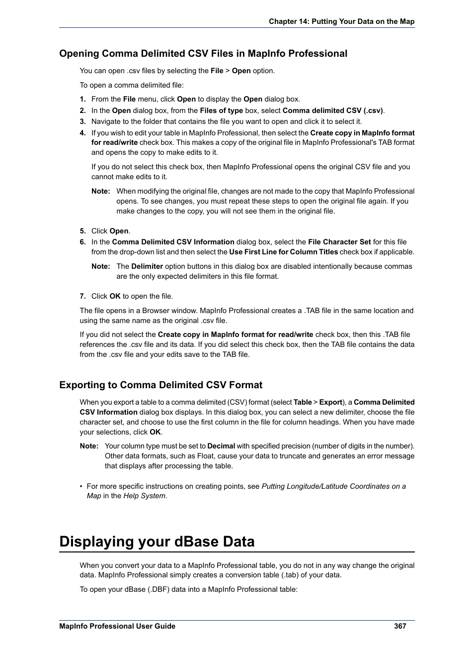 Exporting to comma delimited csv format, Displaying your dbase data | Pitney Bowes MapInfo Professional User Manual | Page 367 / 540