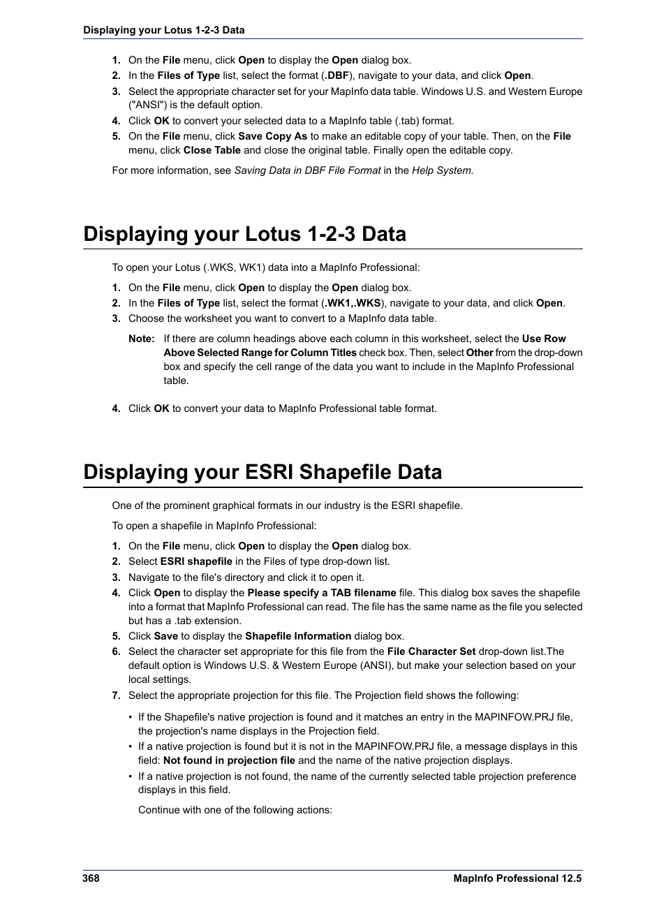 Displaying your lotus 1-2-3 data, Displaying your esri shapefile data | Pitney Bowes MapInfo Professional User Manual | Page 368 / 540
