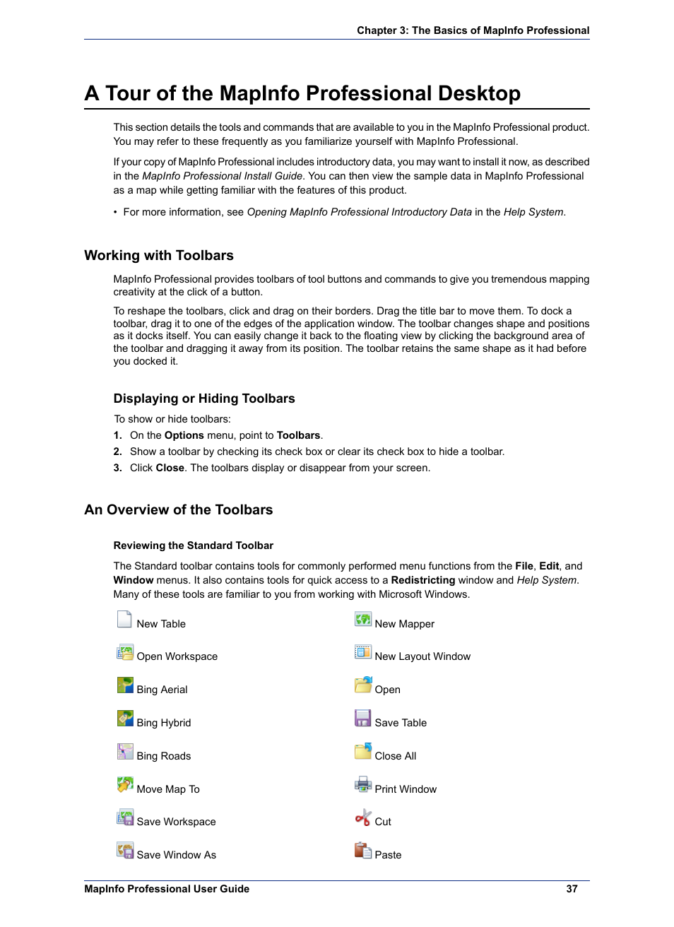 A tour of the mapinfo professional desktop, Working with toolbars, Displaying or hiding toolbars | An overview of the toolbars | Pitney Bowes MapInfo Professional User Manual | Page 37 / 540