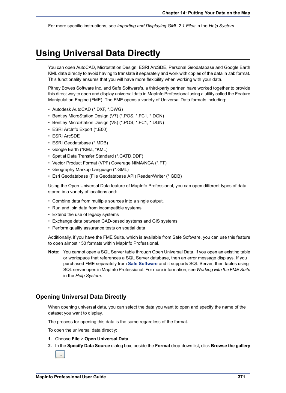 Using universal data directly, Opening universal data directly | Pitney Bowes MapInfo Professional User Manual | Page 371 / 540