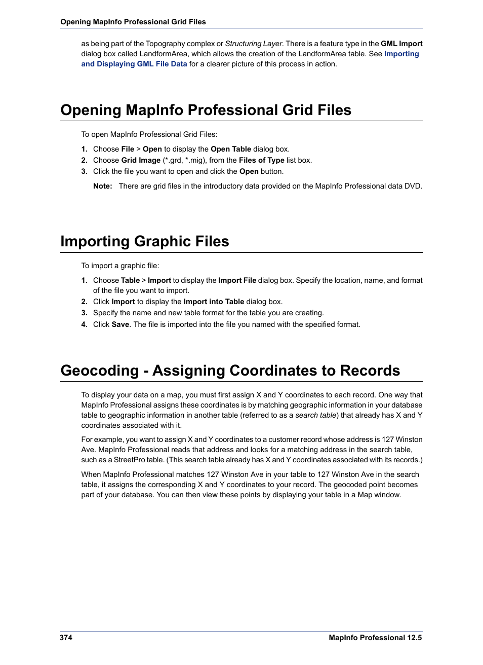 Opening mapinfo professional grid files, Importing graphic files, Geocoding - assigning coordinates to records | Pitney Bowes MapInfo Professional User Manual | Page 374 / 540
