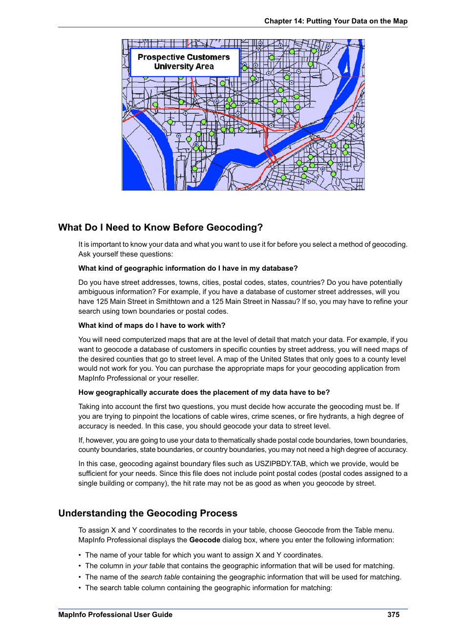 What do i need to know before geocoding, Understanding the geocoding process | Pitney Bowes MapInfo Professional User Manual | Page 375 / 540
