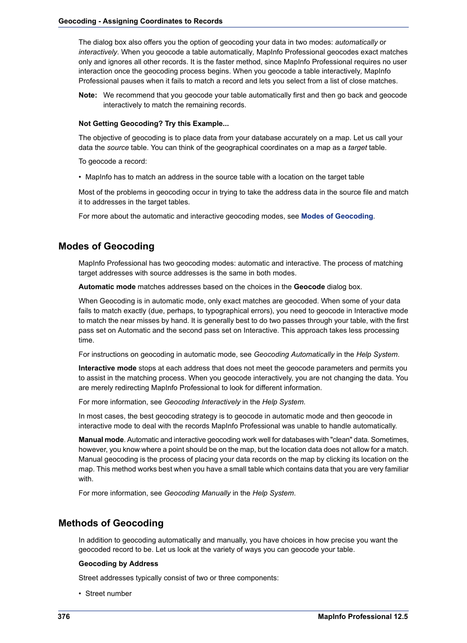 Modes of geocoding, Methods of geocoding | Pitney Bowes MapInfo Professional User Manual | Page 376 / 540