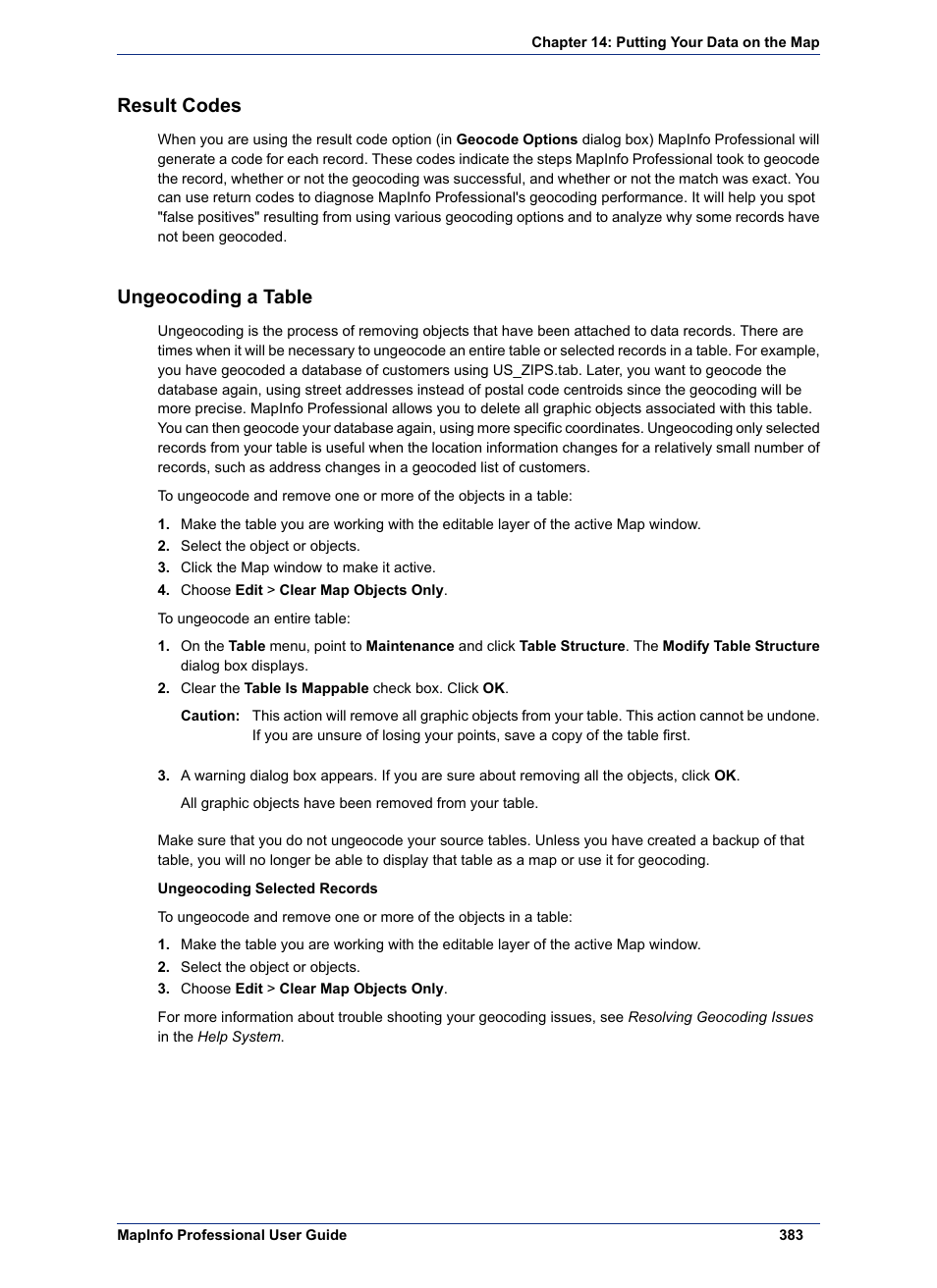 Result codes, Ungeocoding a table | Pitney Bowes MapInfo Professional User Manual | Page 383 / 540