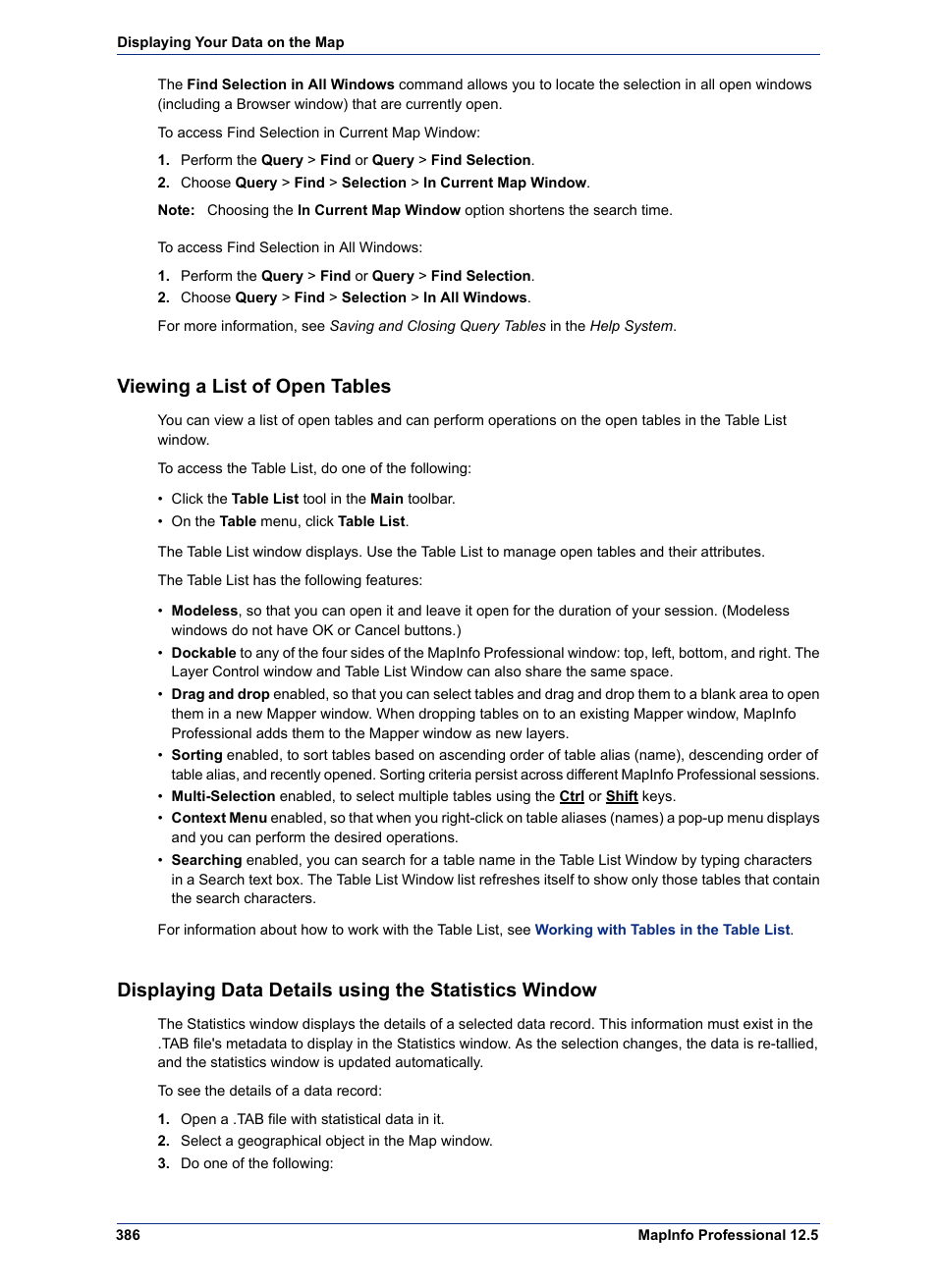 Viewing a list of open tables | Pitney Bowes MapInfo Professional User Manual | Page 386 / 540