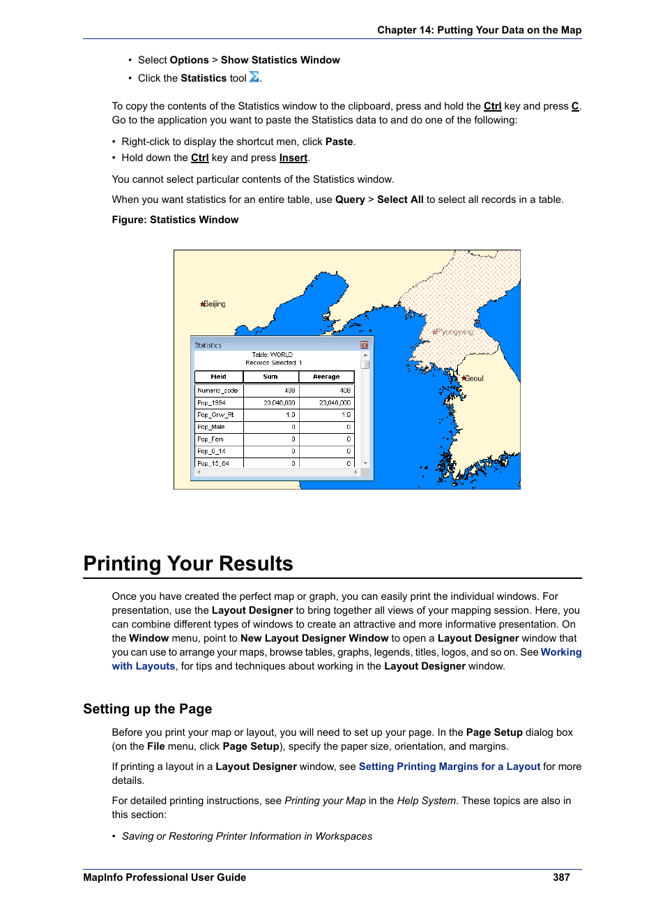 Printing your results, Setting up the page | Pitney Bowes MapInfo Professional User Manual | Page 387 / 540