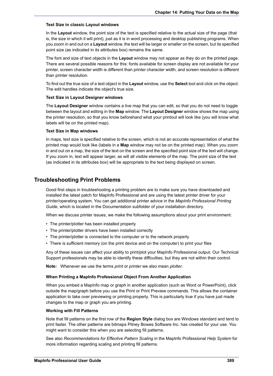 Troubleshooting print problems | Pitney Bowes MapInfo Professional User Manual | Page 389 / 540