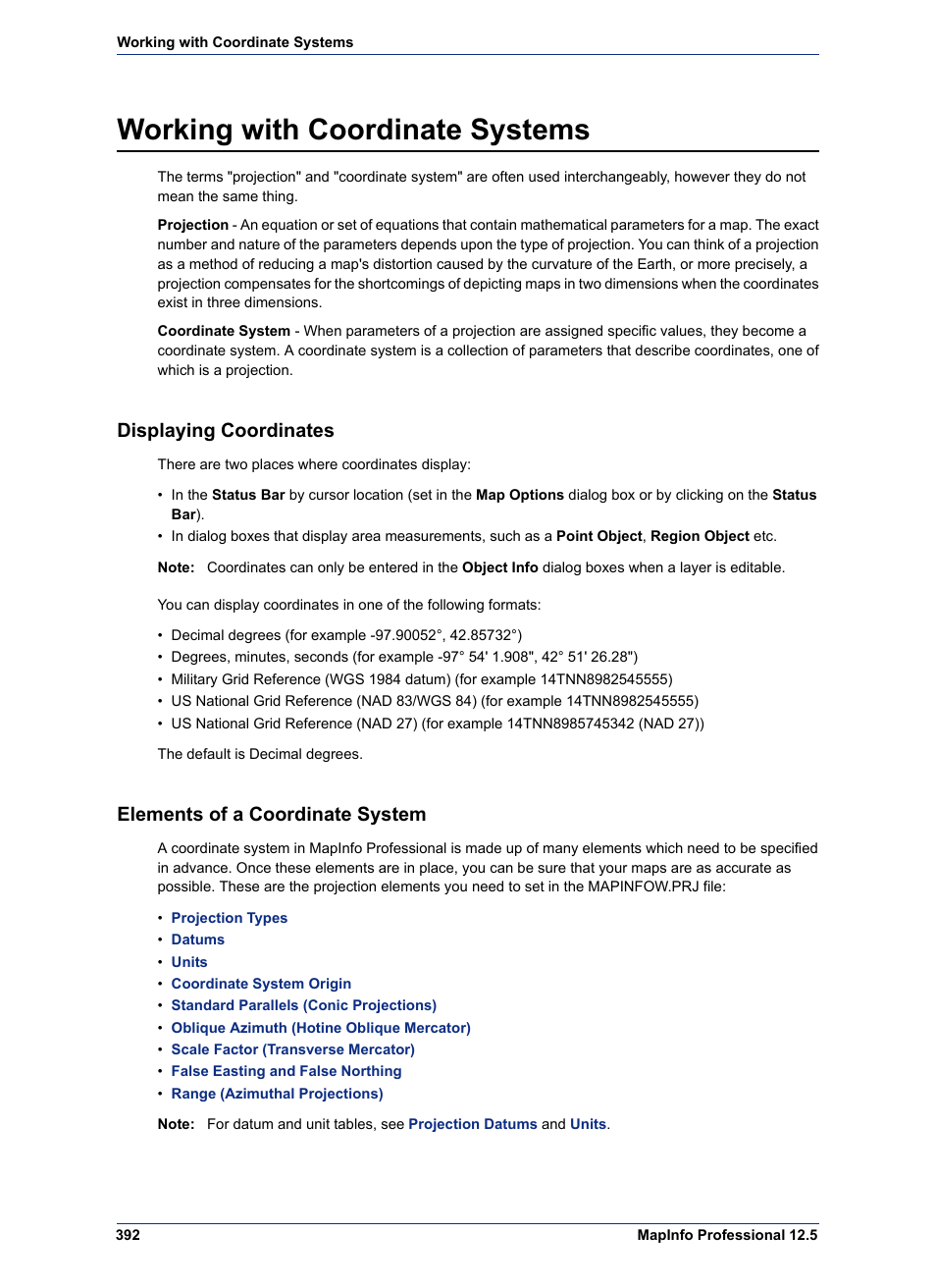 Working with coordinate systems, Displaying coordinates, Elements of a coordinate system | Pitney Bowes MapInfo Professional User Manual | Page 392 / 540