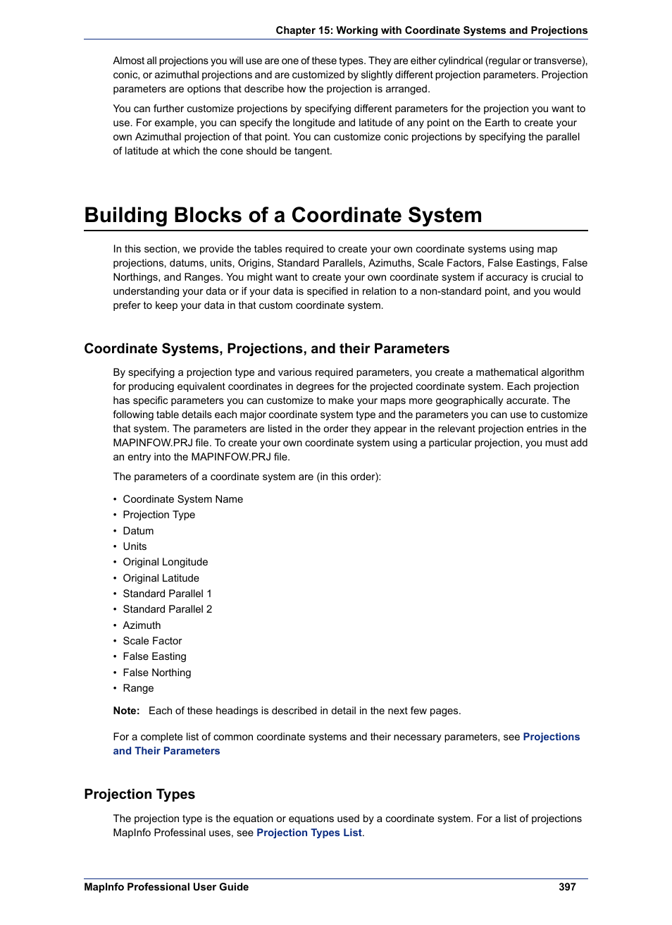 Building blocks of a coordinate system, Projection types | Pitney Bowes MapInfo Professional User Manual | Page 397 / 540