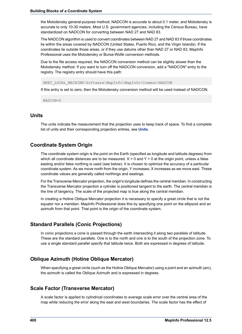 Units, Coordinate system origin, Standard parallels (conic projections) | Oblique azimuth (hotine oblique mercator), Scale factor (transverse mercator) | Pitney Bowes MapInfo Professional User Manual | Page 400 / 540