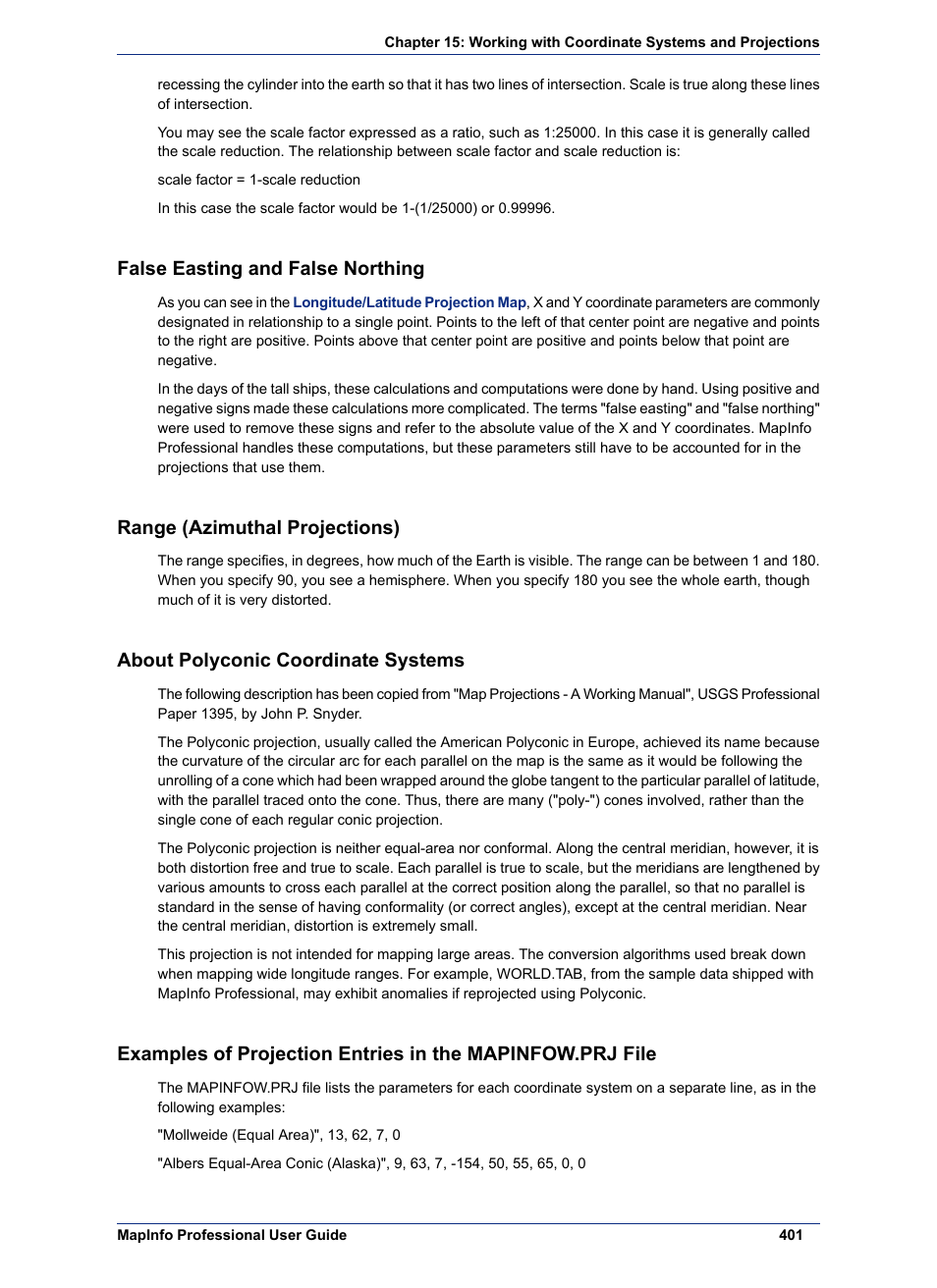 False easting and false northing, Range (azimuthal projections), About polyconic coordinate systems | Pitney Bowes MapInfo Professional User Manual | Page 401 / 540