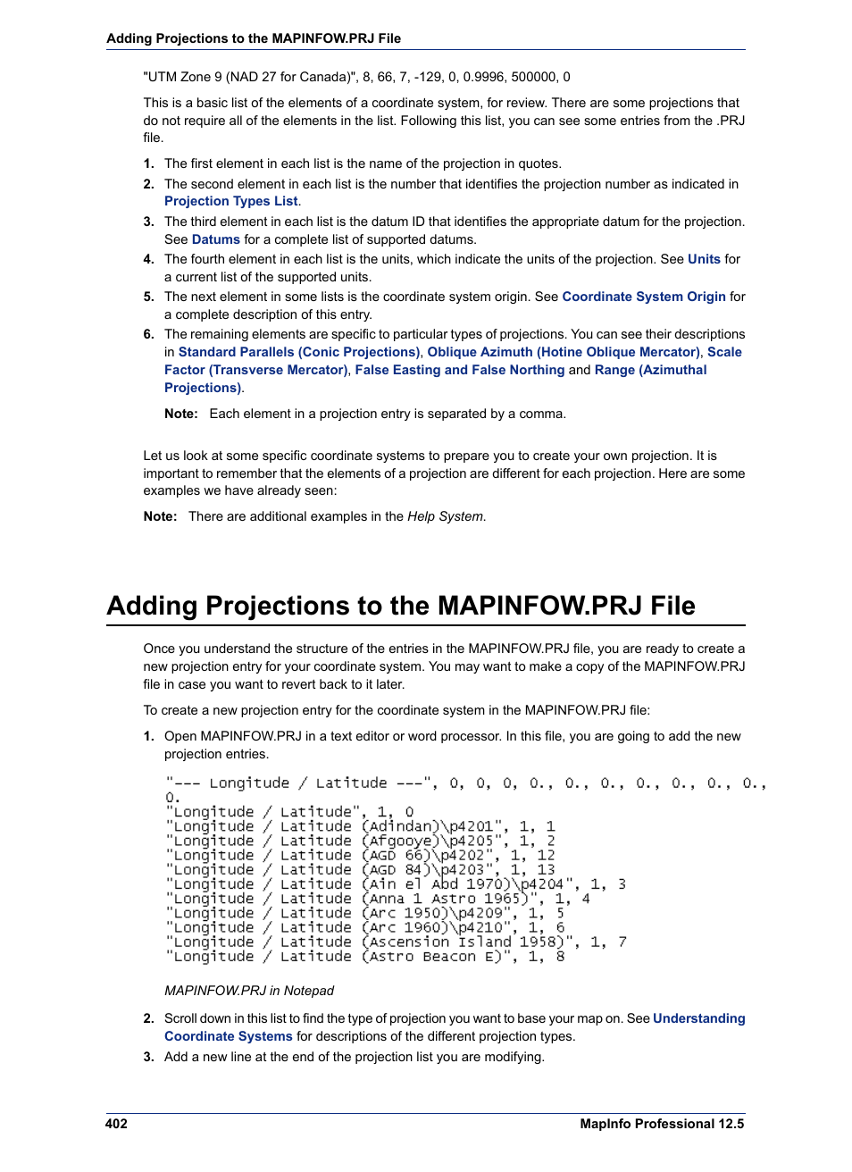 Adding projections to the mapinfow.prj file | Pitney Bowes MapInfo Professional User Manual | Page 402 / 540