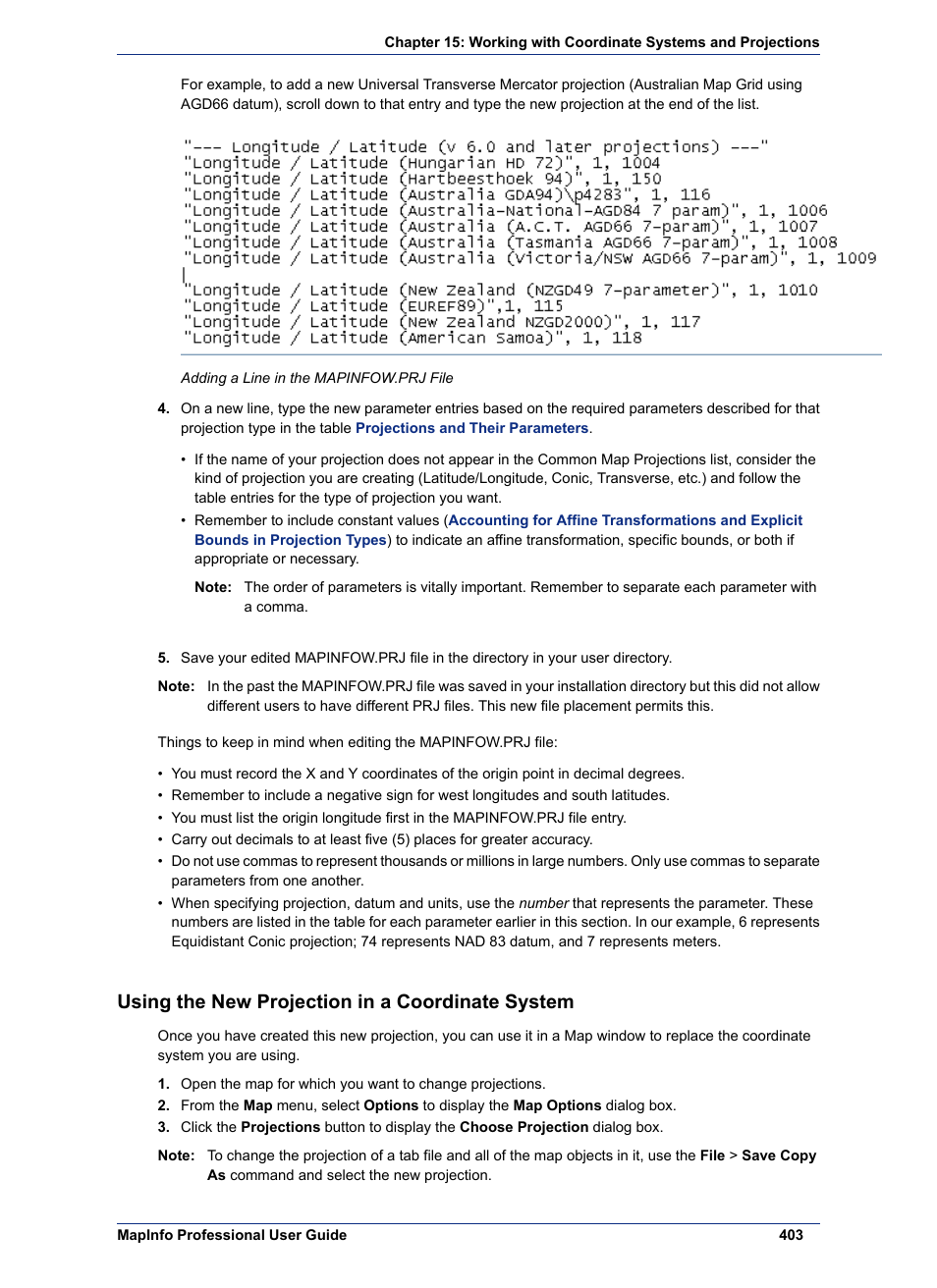Using the new projection in a coordinate system | Pitney Bowes MapInfo Professional User Manual | Page 403 / 540