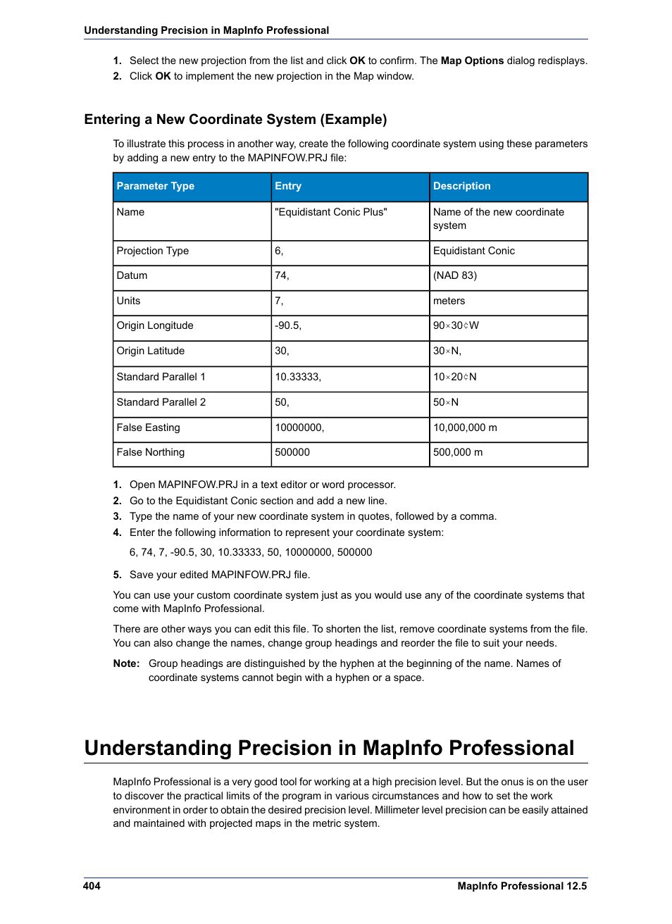 Entering a new coordinate system (example), Understanding precision in mapinfo professional | Pitney Bowes MapInfo Professional User Manual | Page 404 / 540