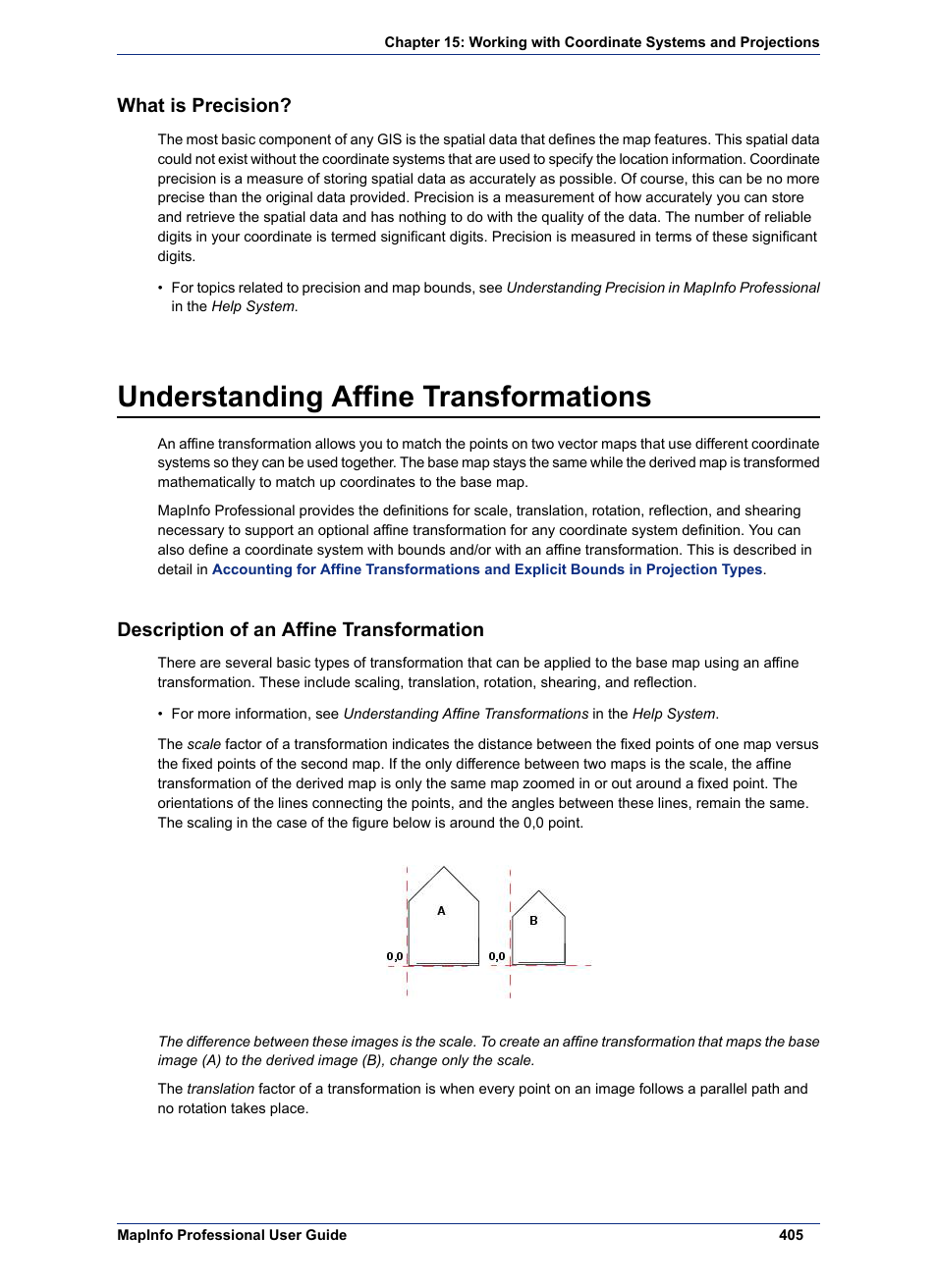 What is precision, Understanding affine transformations, Description of an affine transformation | Pitney Bowes MapInfo Professional User Manual | Page 405 / 540