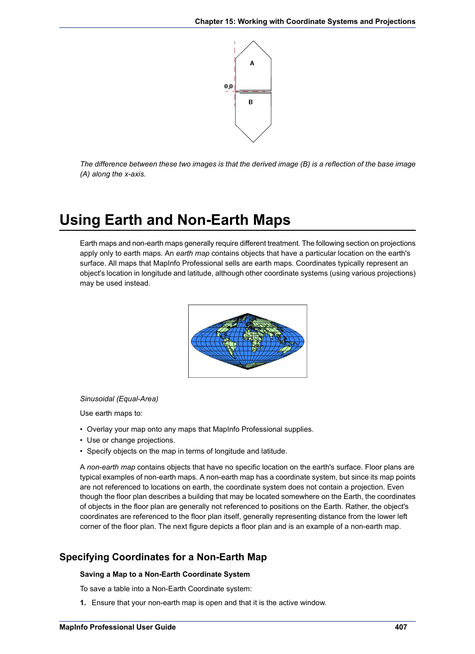 Using earth and non-earth maps, Specifying coordinates for a non-earth map | Pitney Bowes MapInfo Professional User Manual | Page 407 / 540