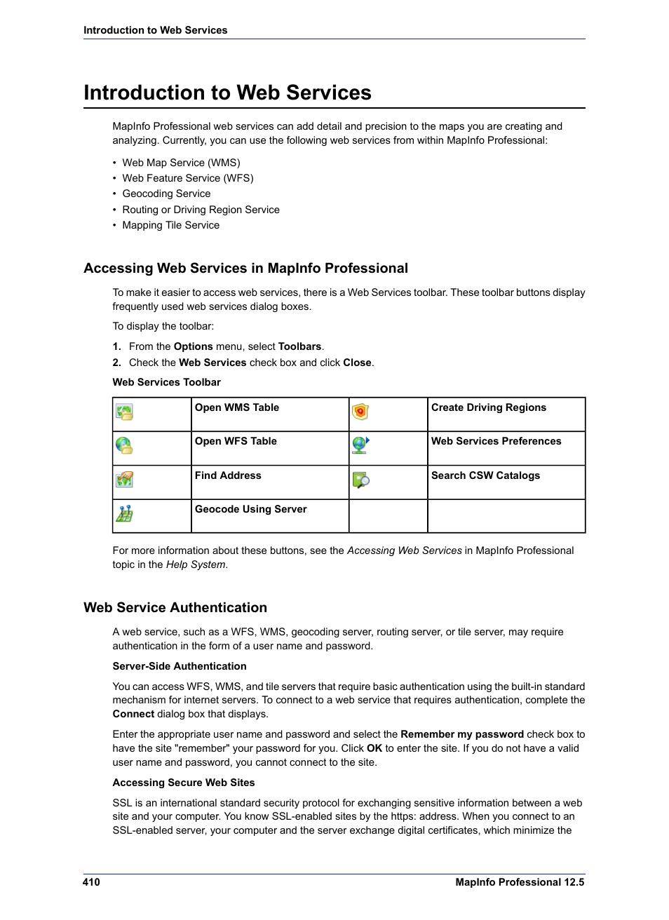 Introduction to web services, Accessing web services in mapinfo professional, Web service authentication | Pitney Bowes MapInfo Professional User Manual | Page 410 / 540