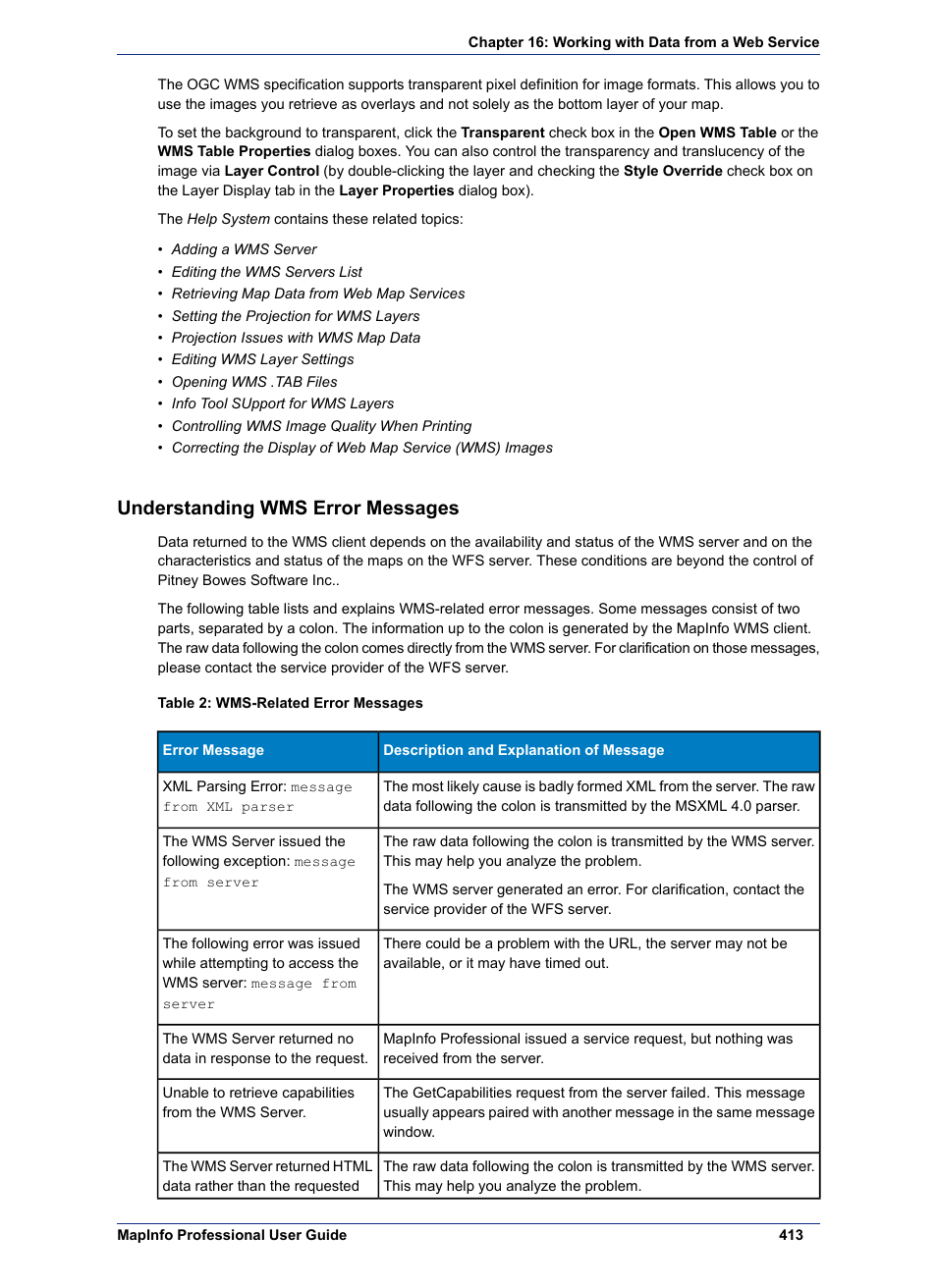 Understanding wms error messages | Pitney Bowes MapInfo Professional User Manual | Page 413 / 540