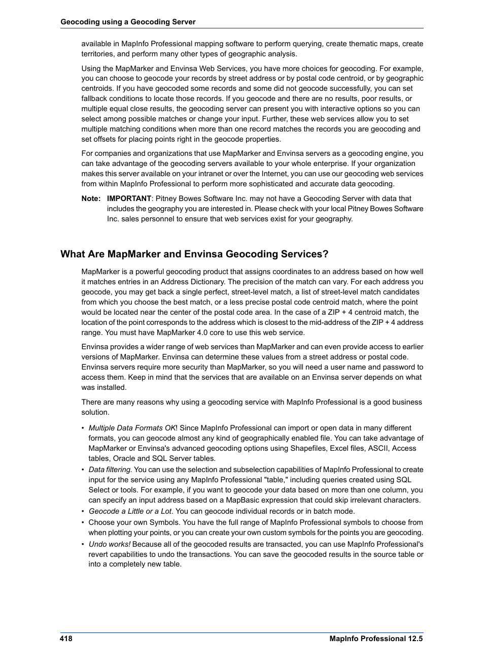 What are mapmarker and envinsa geocoding services | Pitney Bowes MapInfo Professional User Manual | Page 418 / 540
