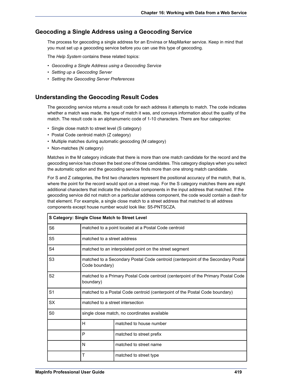 Understanding the geocoding result codes, Geocoding a single address using a, Geocoding service | Pitney Bowes MapInfo Professional User Manual | Page 419 / 540