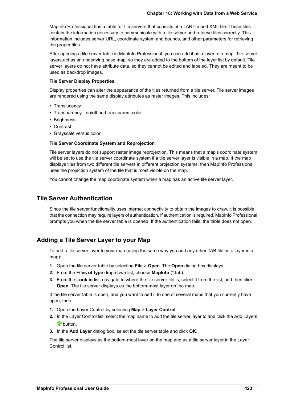 Tile server authentication, Adding a tile server layer to your map | Pitney Bowes MapInfo Professional User Manual | Page 423 / 540